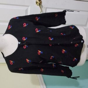 Erin Matthews VTG Black Embroidered Lipsticks & Lips Novelty Cardigan Sweater M